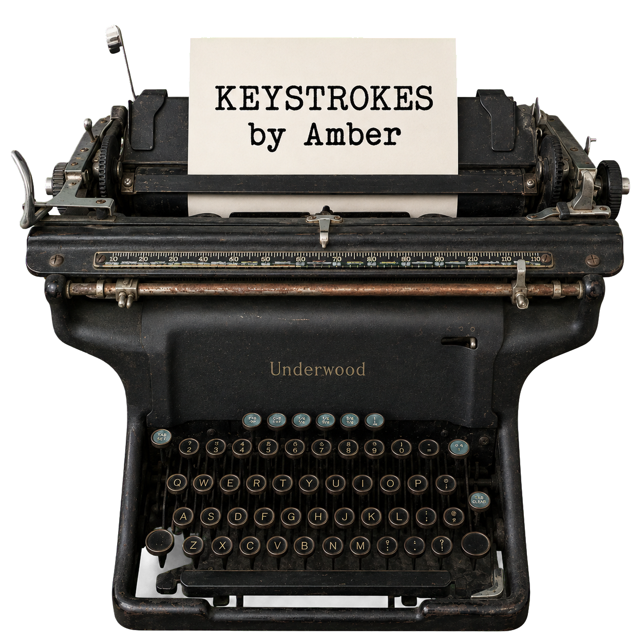 Keystrokes by Amber -- a vintage Underwood typewriter with a sheet reading KEYSTROKES by Amber
